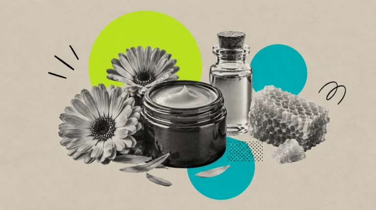 Collage: Ein Tiegel Salbe, frische Ringelblumenblüten, ein Fläschchen Öl und ein Stück Bienenwachs