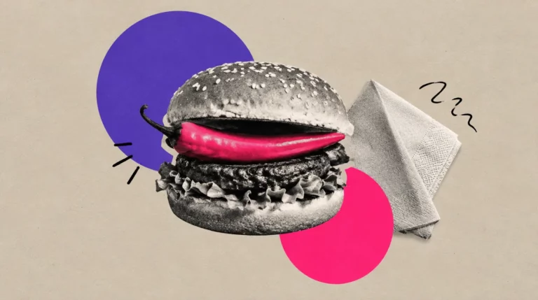 Collage: Ein Burger, dessen Mitte eine Chilischote ist, daneben eine Serviette