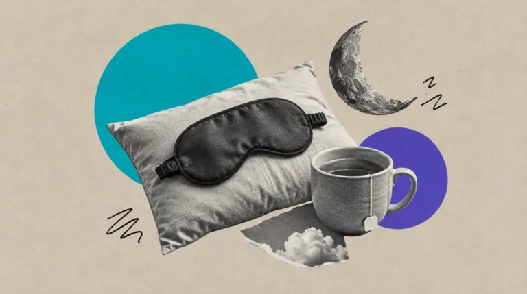 Collage: Eine Schlafmaske auf einem Kissen, daneben eine Tasse Tee und ein gezeichneter Halbmond