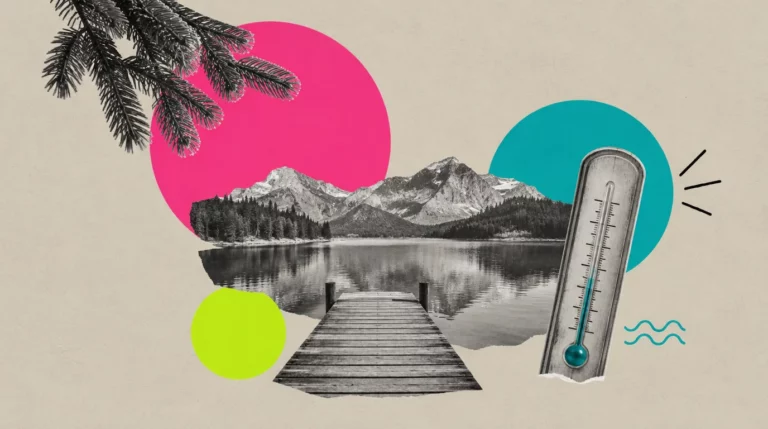 Collage: Ein See mit Steg, ein Thermometer mit niedriger Anzeige, Tannenzweige