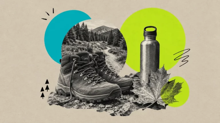 Collage: Wanderschuhe auf einem Waldweg, ein Ahornblatt und eine Wasserflasche