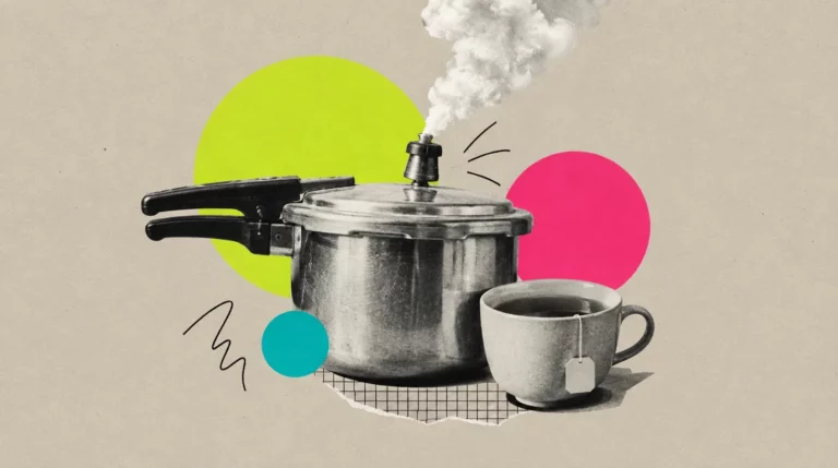 Collage: Ein Druckkochtopf, aus dessen Ventil Dampf entweicht, daneben eine Tasse Tee