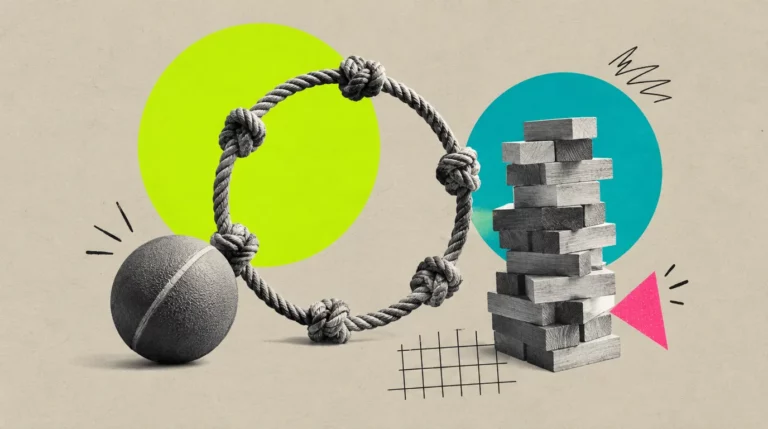 Collage: Ein Seil mit verschiedenen Knoten, das einen Kreis bildet, daneben ein Ball und ein Stapel Holzbausteine