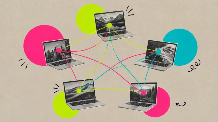 Collage: Mehrere Laptops im Kreis, deren Bildschirme durch gezeichnete Verbindungslinien zu einem Netz verbunden sind