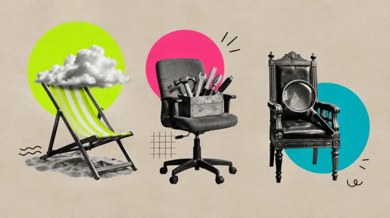 Collage: Drei Stühle in drei Farben: ein Liegestuhl mit Wolke, ein Bürostuhl mit Werkzeug, ein Richterstuhl mit Lupe