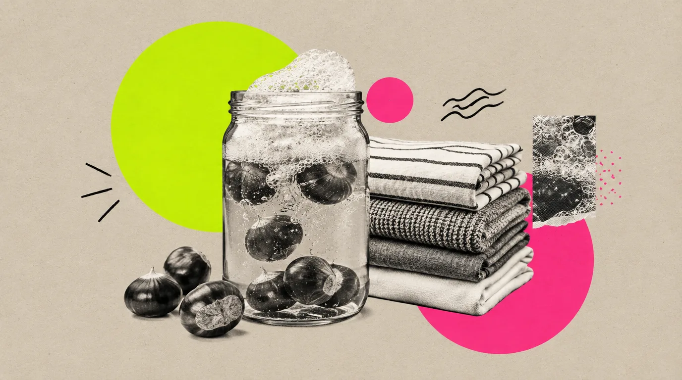 Collage: Kastanien in einem Glas mit Wasser, das schäumt, daneben ein Wäschestapel