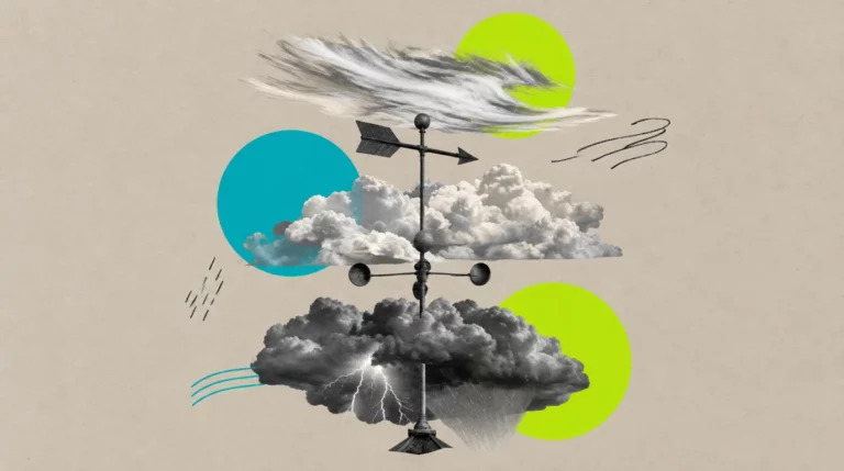 Collage: Eine Wetterfahne unter verschiedenen Wolkenformen in drei Höhen