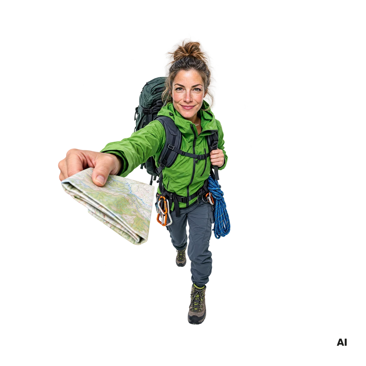 Outdoor-Trainerin mit Rucksack, Seil und Landkarte geht entschlossen los