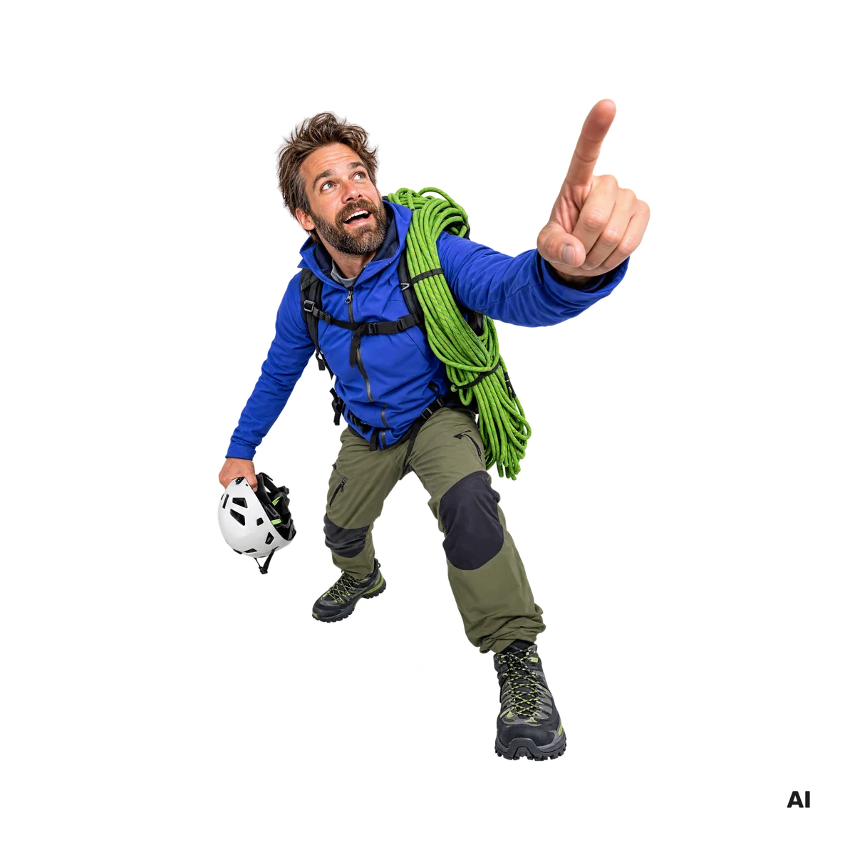 Outdoor-Trainer mit Kletterhelm und Seil zeigt nach oben