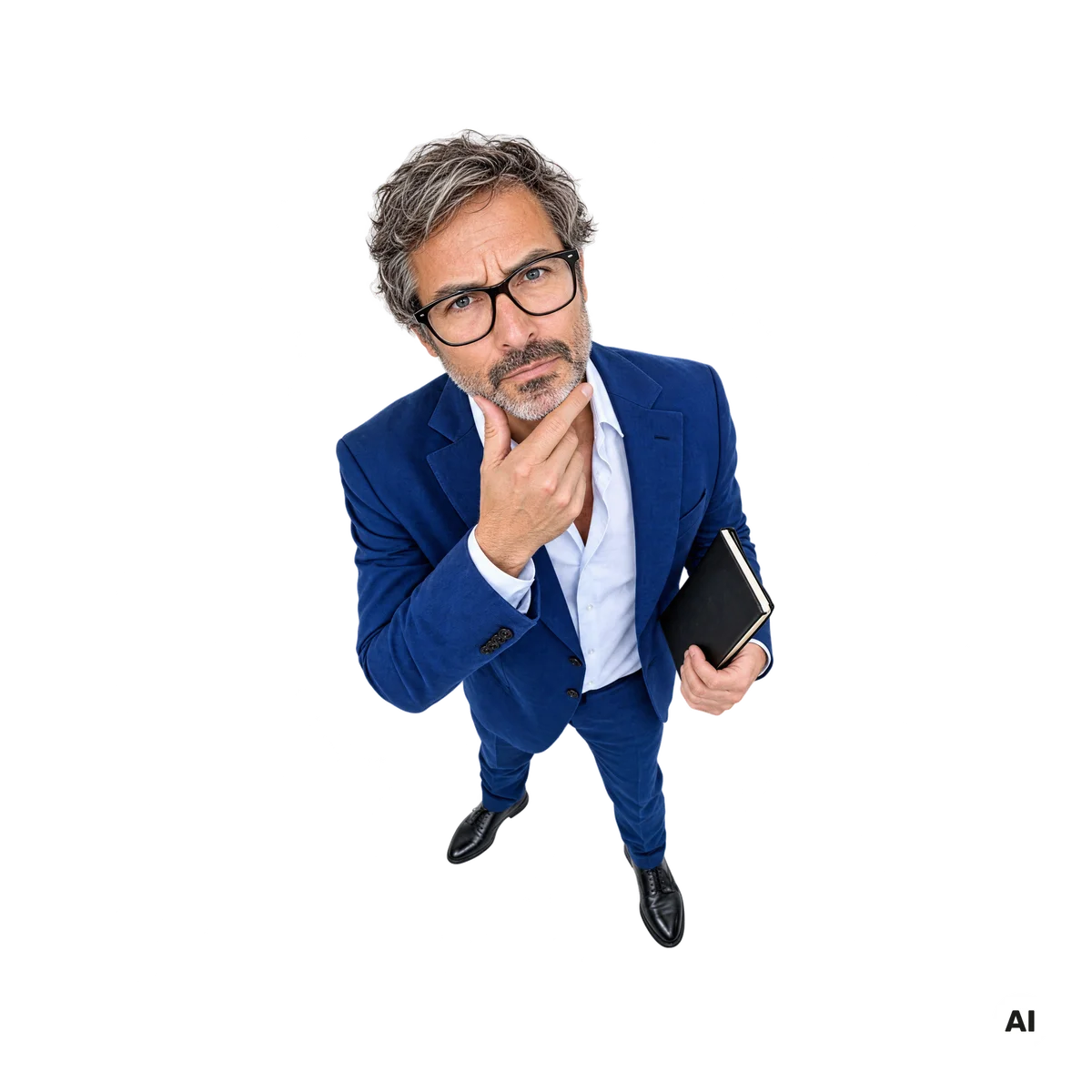 Mann mit Brille beobachtet aufmerksam, die Hand am Kinn