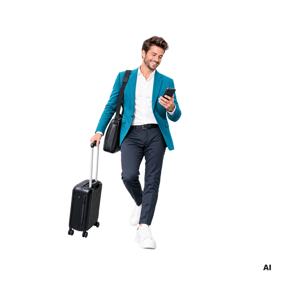 Vertriebsprofi mit Rollkoffer schaut auf sein Smartphone
