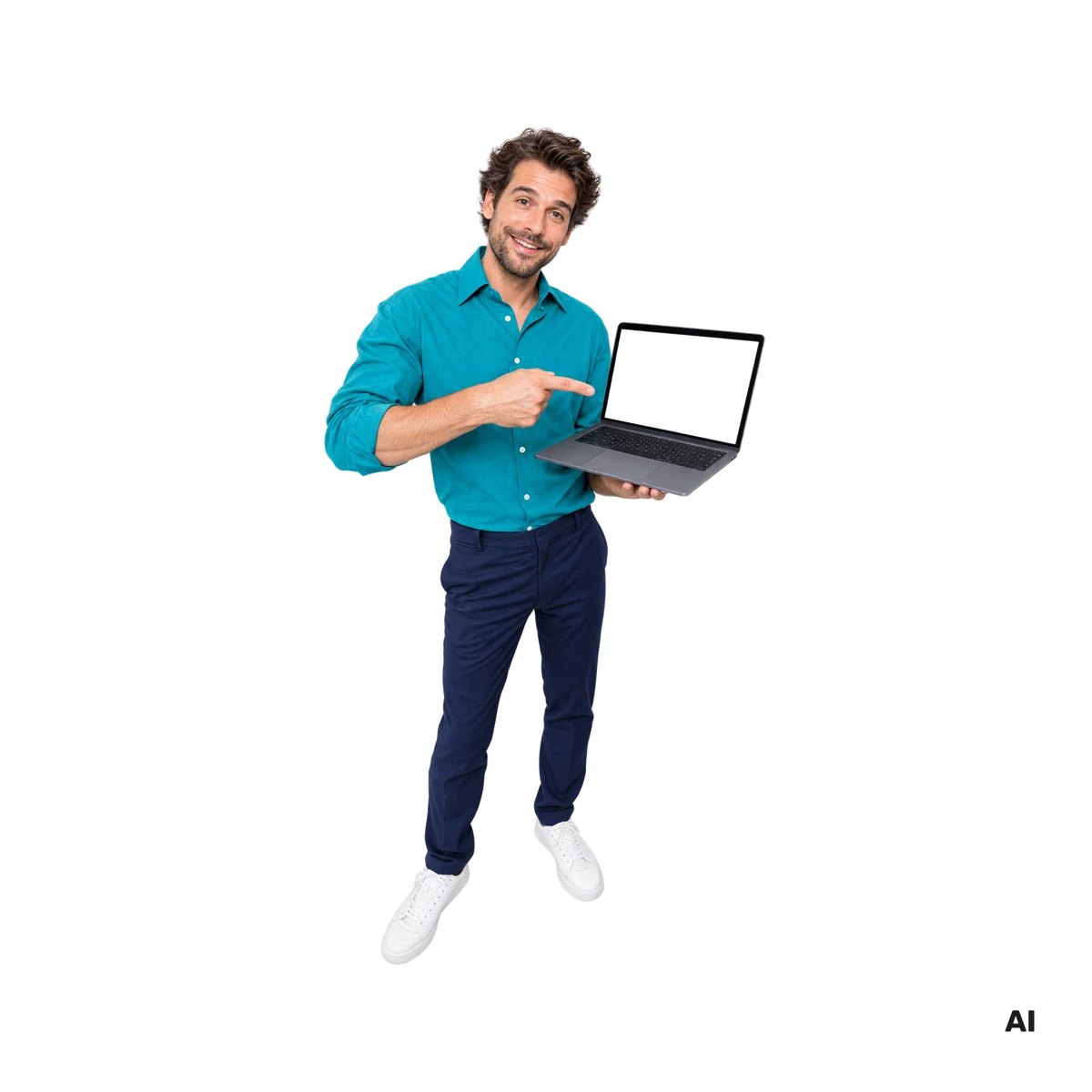 Verkäufer zeigt auf seinem Laptop eine Präsentation