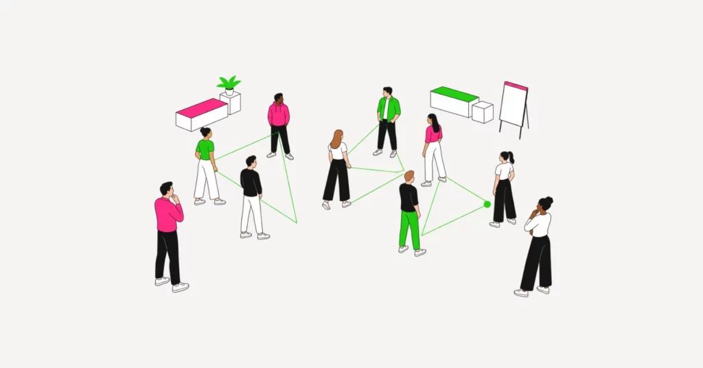 Illustration: Teilnehmende stehen verteilt im Raum, feine Linien verbinden jeweils drei Personen zu gleichseitigen Dreiecken