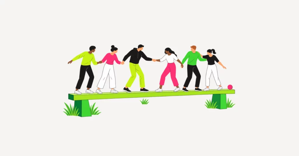 Illustration: Eine Gruppe steht auf einem Balken und hält sich an den Händen, um die Reihenfolge zu tauschen