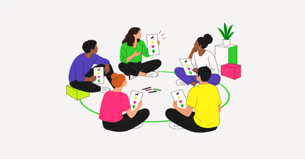 Illustration: Eine Gruppe sitzt im Kreis am Boden, alle halten Blätter mit kleinen Symbolen und stellen sich vor.