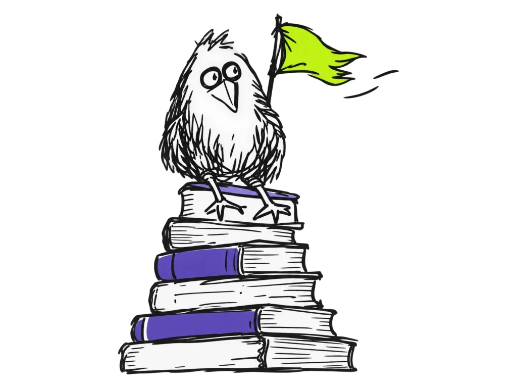 Gezeichneter NEVEREST-Rabe sitzt auf einem gestuften Bücherstapel in Bergform, hinter ihm weht eine grüne Gipfelfahne